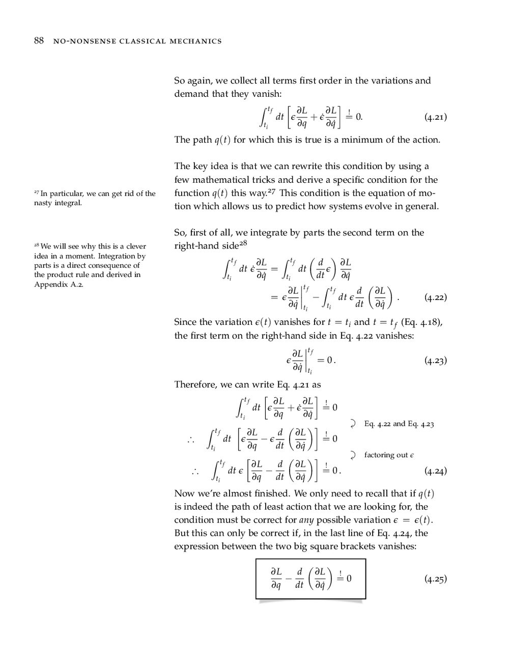 Page 88 of No-Nonsense Classical Mechanics: last steps of the Euler-Lagrange derivation with margin notes