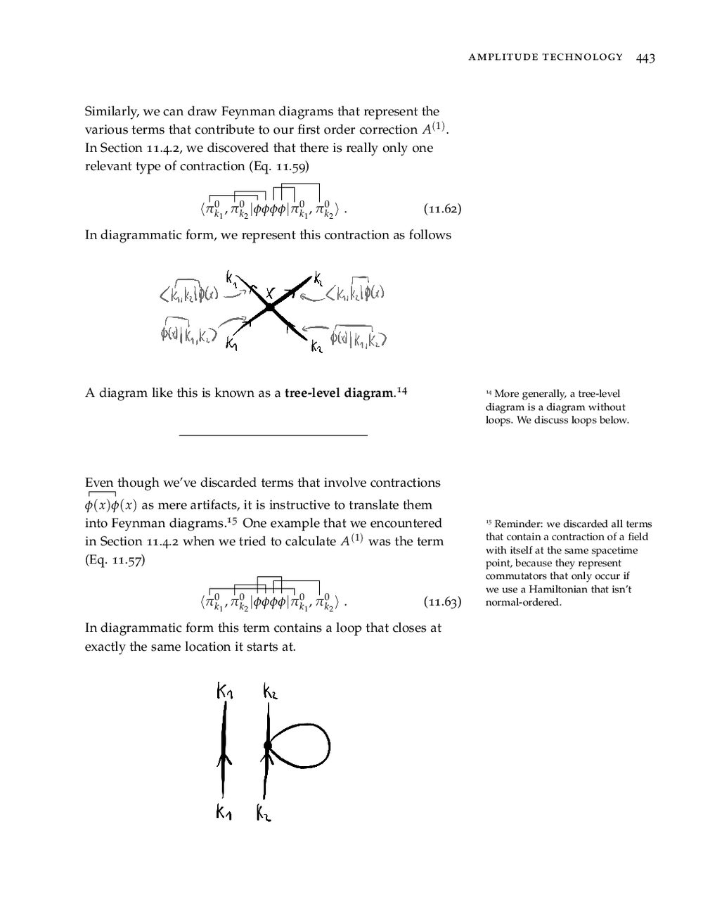 Page 443 of No-Nonsense Quantum Field Theory: a contraction drawn as a tree-level Feynman diagram, and the discarded terms drawn as a loop