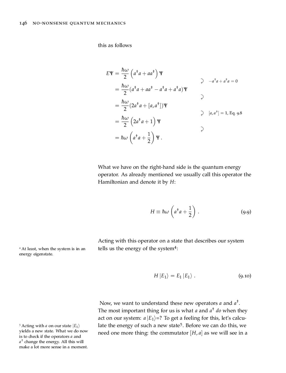 Page 146 of No-Nonsense Quantum Mechanics: harmonic oscillator Hamiltonian written with ladder operators, each step annotated
